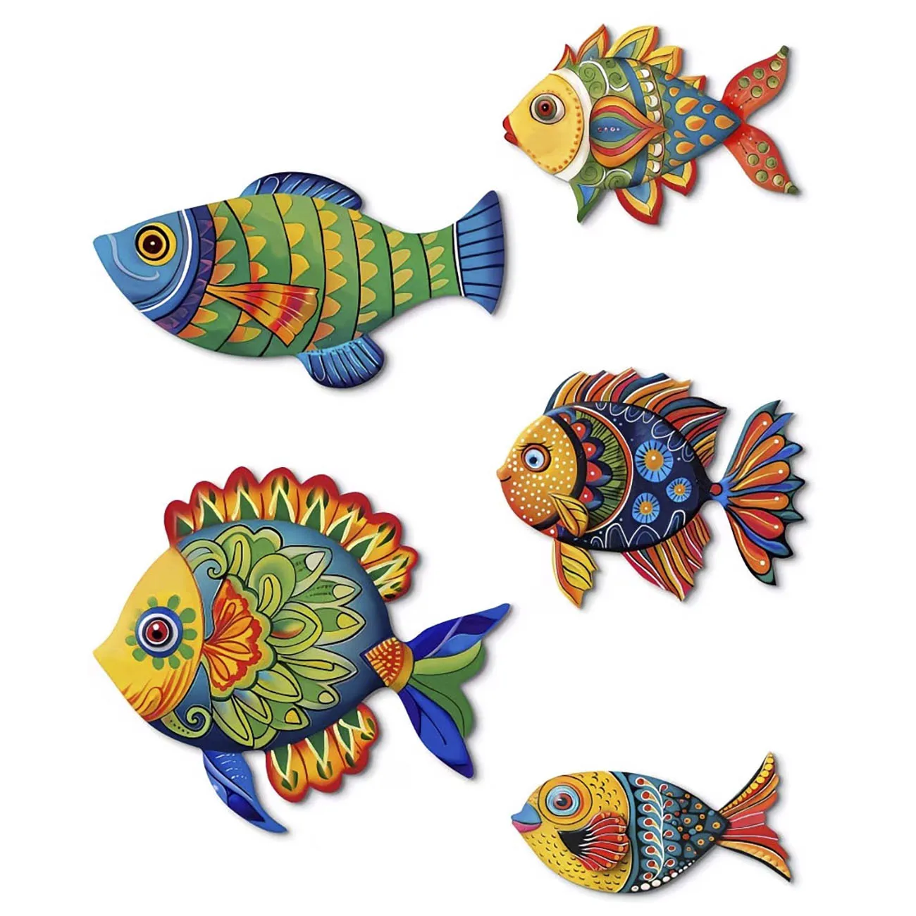5 pieces of ethnic style colorful small fish wooden wall decoration set with nano double-sided tape and no drilling required