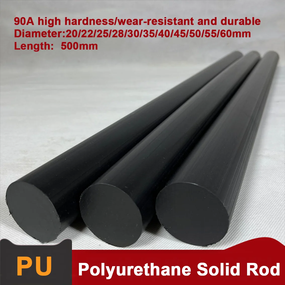 แท่งโพลียูรีเทนสีดำ 90A ขนาด 20~60*500 มม. 1 ชิ้น แท่ง PU ป้องกันแรงกระแทก สำหรับป้องกันตัว/ตัดปะเก็น แท่งพลาสติกยืดหยุ่นสูง
