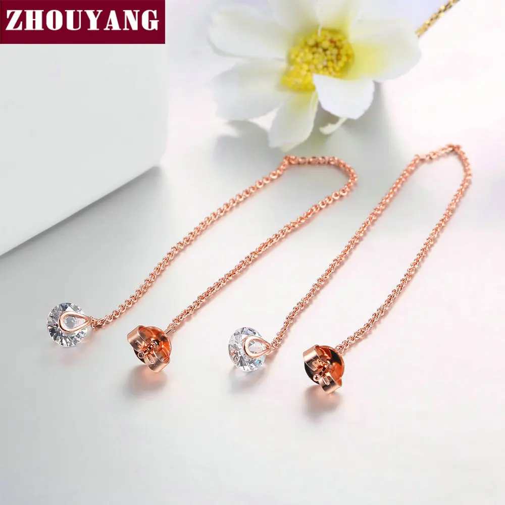 ZHOUYANG Chain Earring For Women 6mm Cubic Zirconia 11CM Length Ear Line Rose Gold Color Fashion Jewelry Gift ZYE549 ZYE100