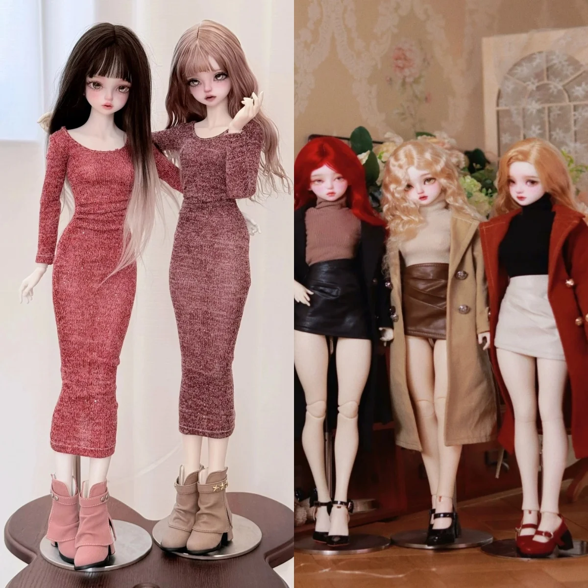 【Nur Kleidung】1/4 weibliches Puppenkleidungszubehör, eng anliegendes Strickkleid, Trenchcoat mit Gürtel, passend für Mädchen-Actionfiguren für BJD-Spielzeug