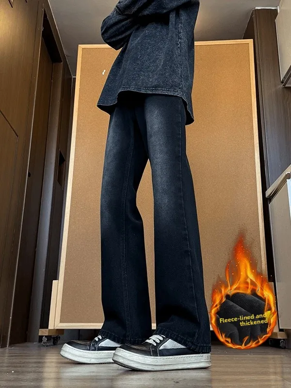 

Мужские расклешенные джинсы с завышенной подкладкой в стиле ретро, зимние теплые прямые брюки, повседневные широкие брюки в американском стиле
