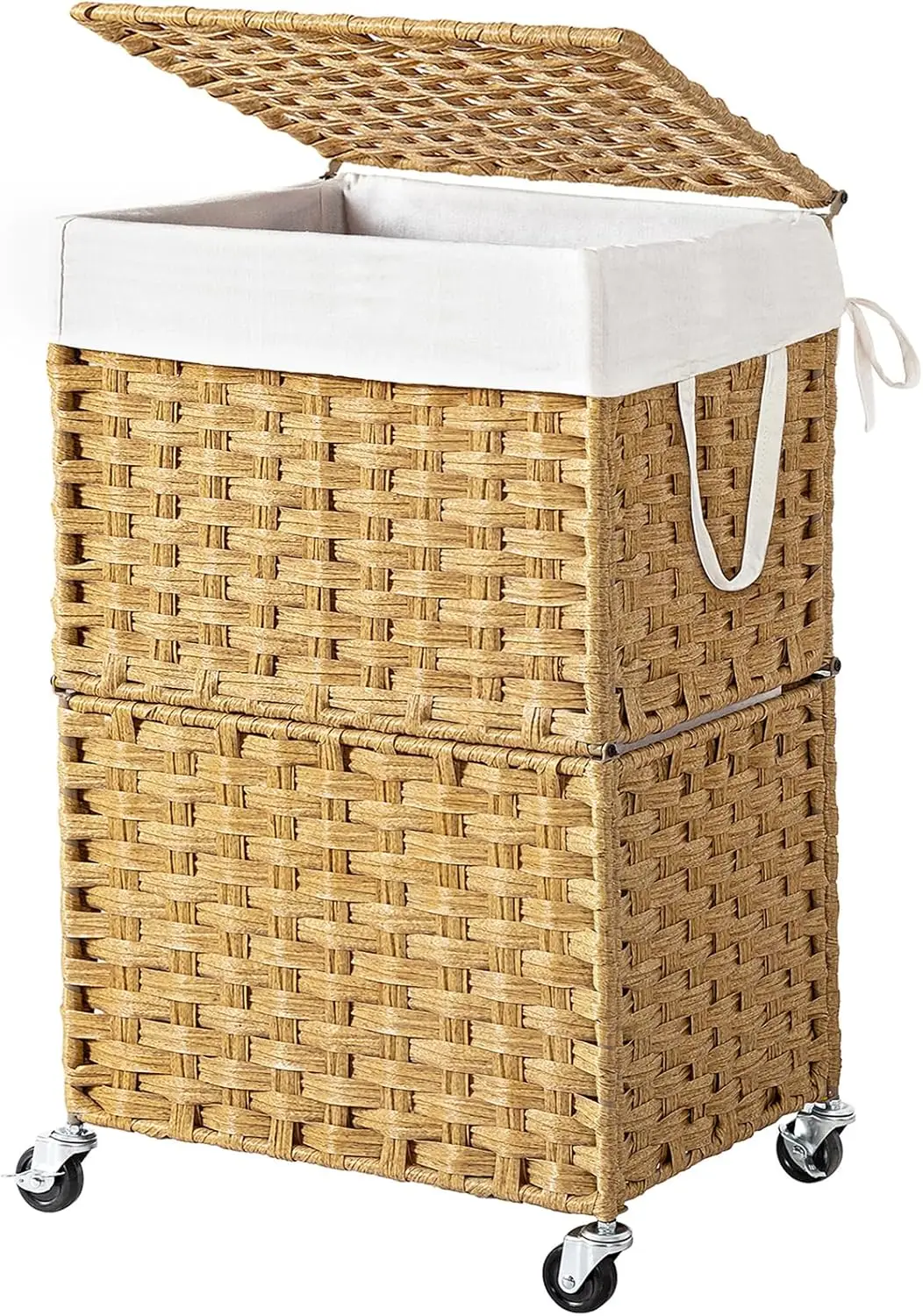 

Rolling Laundry Basket with Lid and Renovable Liner Bag,Handwoven Rattan Organizer for bedroom, bathroom, laundry room (Yellow)