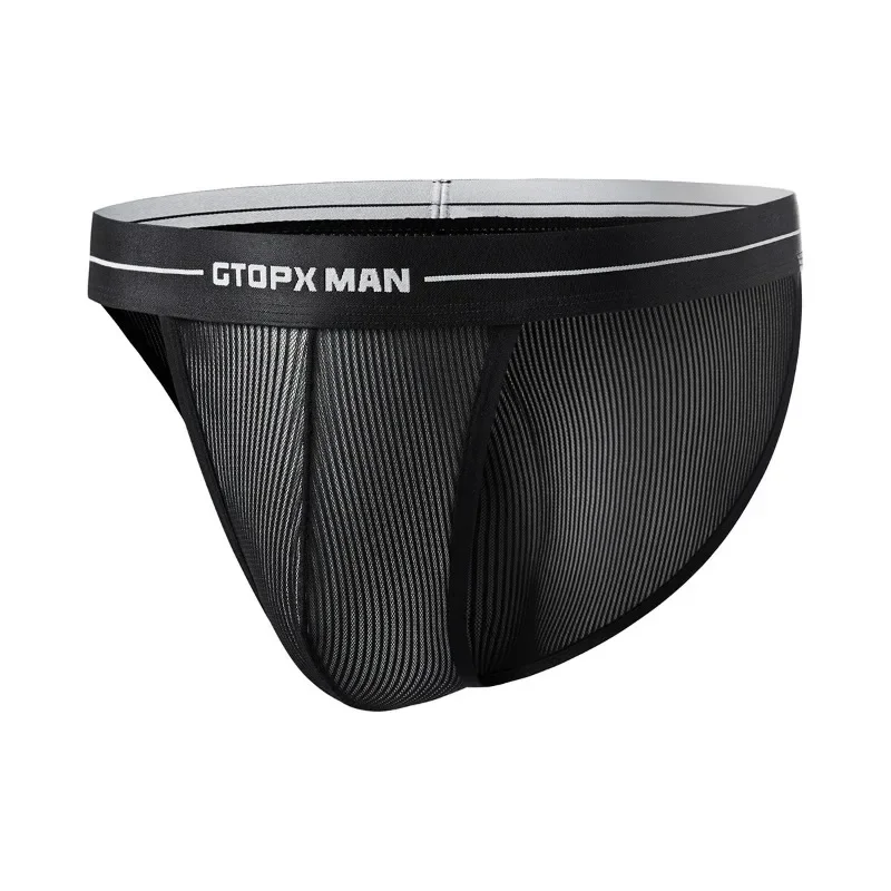 Sous-vêtement sexy taille basse pour homme, slip transparent, rayé, maille glacée, U convexe, mince, respirant, culotte, zones intérieures