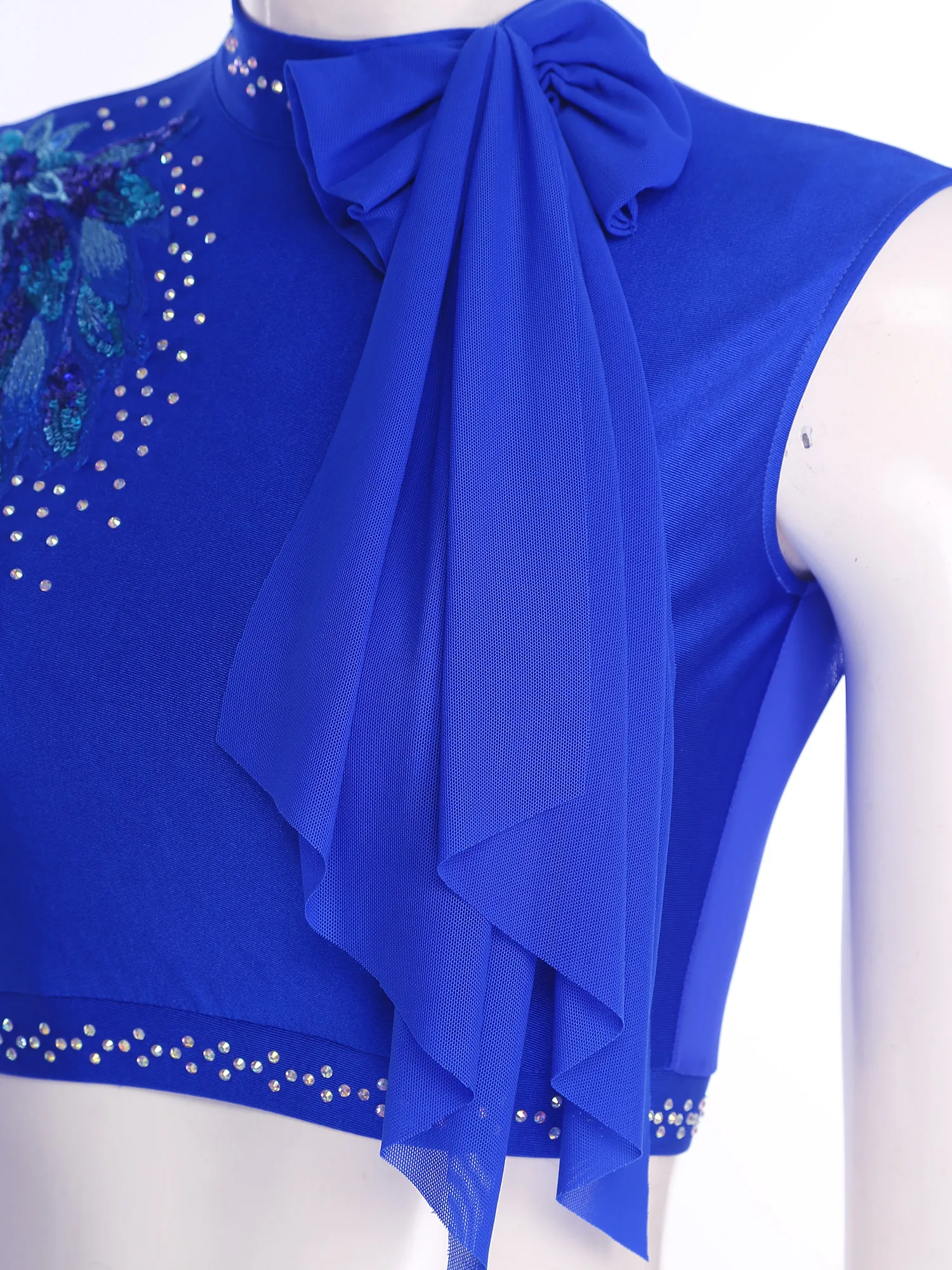 Top corto da danza moderna da donna con paillettes ricamate con fiocco senza maniche sul retro scollato canotta corta balletto lirico ritmico dancewear