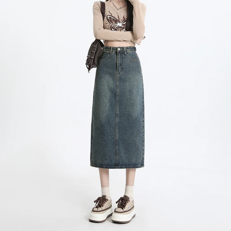 تنانير طويلة من الجينز باللون الوردي العتيق من FINEWORDS تنانير متوسطة مستقيمة عالية الخصر غير رسمية ملابس صيفية تنانير هاراجوكو جينز منقسم