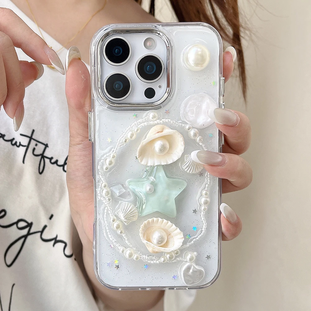 Niedliche 3D-Handyhülle mit Seestern, Schleife und Muschel für iPhone 18 17 16 15 14 13 12 11 Pro Max, glitzernde Pailletten, stoßfeste weiche Silikonhülle – Detail 2