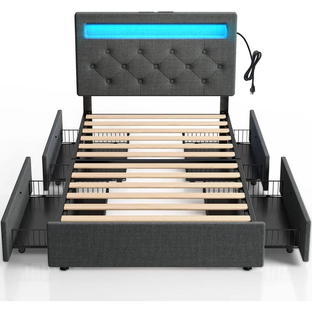 

Rolanstar Twin Size Bed Frame with Charging Station and LED Lights, Upholstered Bed with Adjustable Headboard and 4 Storage