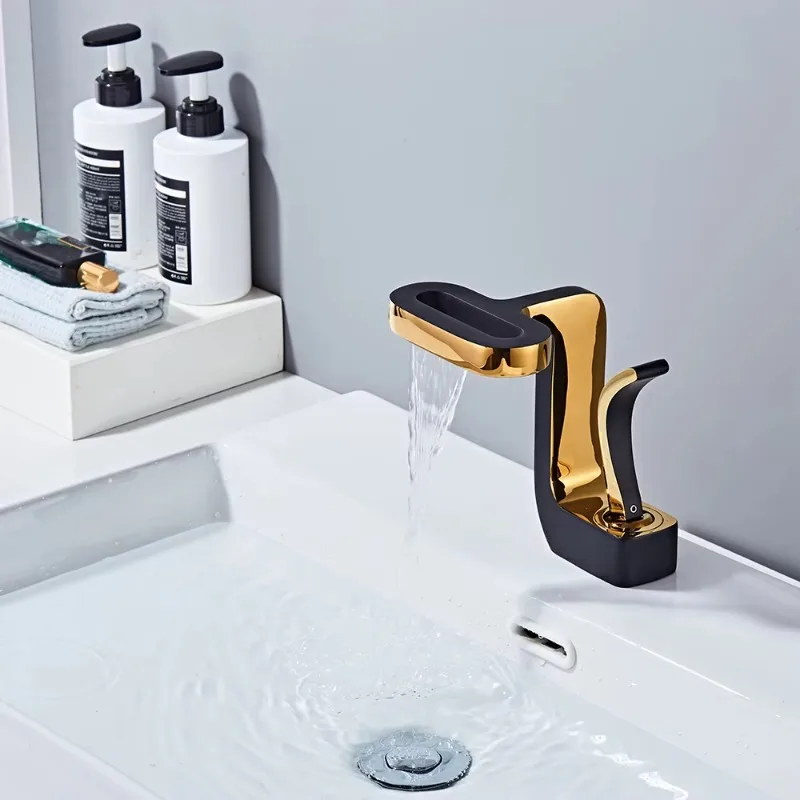 

New Design Art Basin Sink Faucet Bathroom Mixer Tap Undercounter Black and Gold Basin Waterfall Faucet