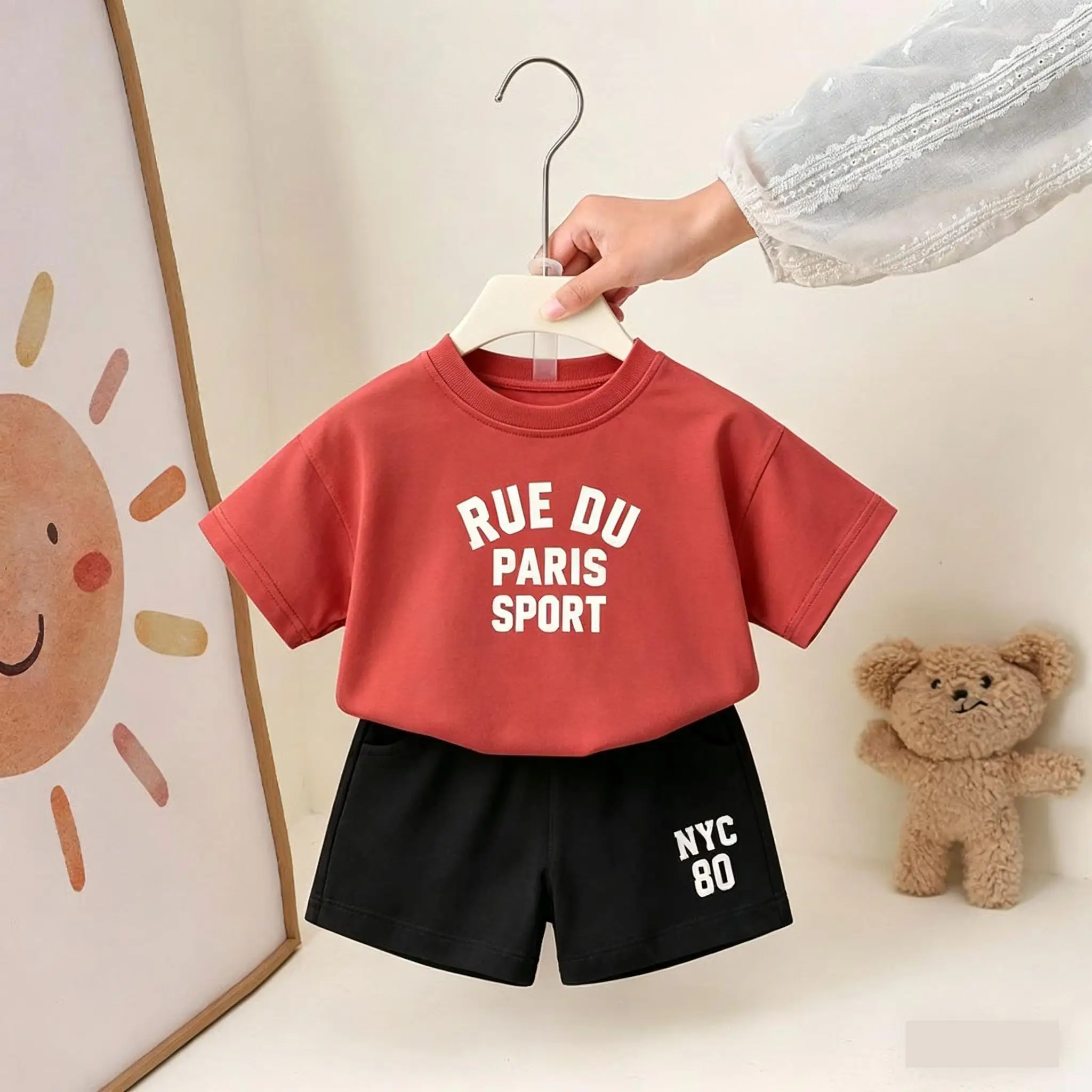 Boutique Kinderkleidung Set Sommer-Outfit Bedrucktes T-Shirt Shorts Lässiges Zweiteiler-Set Kinder-Kostüm Trainingsanzüge Mädchen Jungen Sets – Detail 8