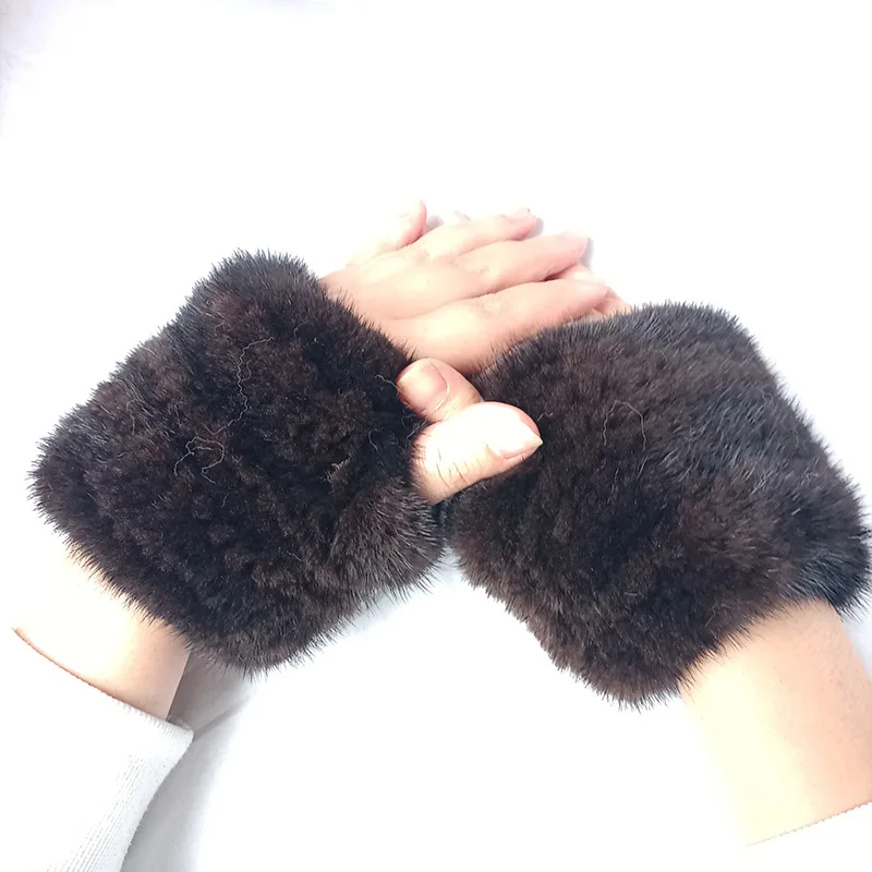 

2024 Women Winter Warm Knitted Real Mink Fur Fingerless Gloves Ladies High Elastic Short Real Mink Fur Mittens