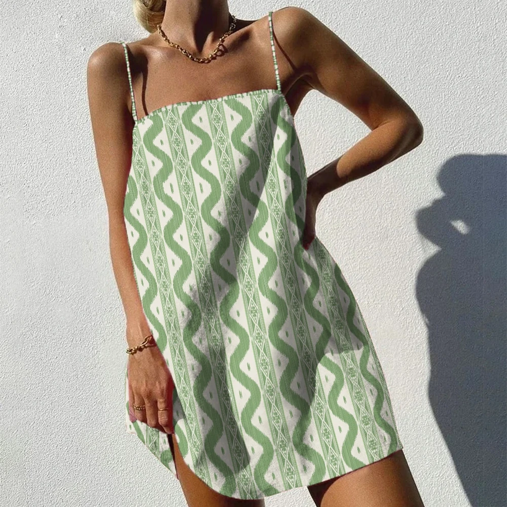 

Oversized Women'S Dress Bean Green Camisole Style Thin Shoulder Strap Printing Cool Short For Beach Vacation Summer Pattern