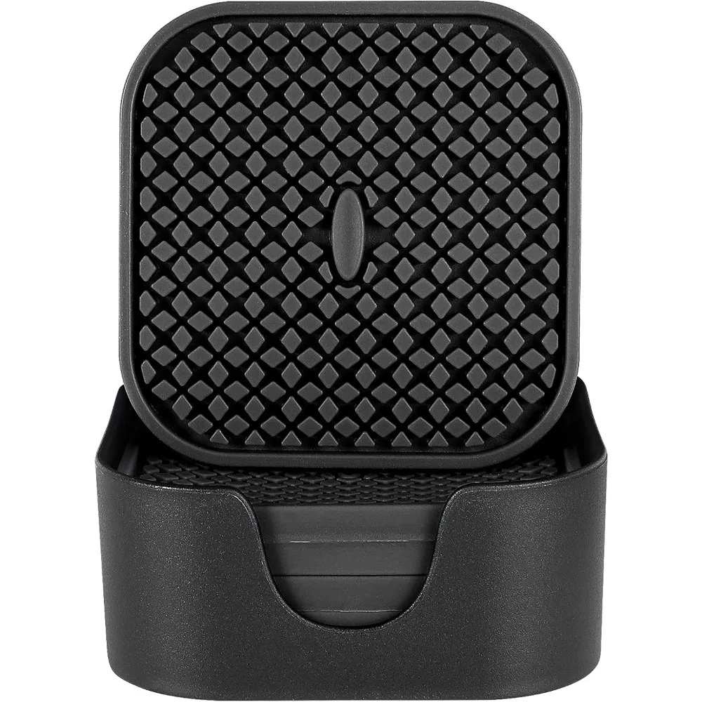 

Silicone Coasters With Holder [6 Pack] Square Drink Cup Mat - Non-Slip, Non-stick, Stay Put, Deep Tray - Prevents Furnitu