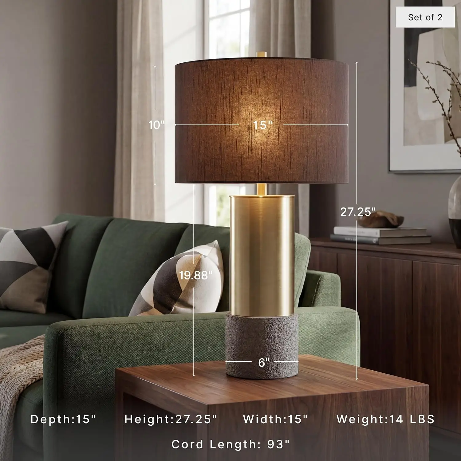 Signature Design by Ashley Jacek Contemporary Table Lamp Set of 2 | Textured faux concrete and brass-finished metal, Black drum
