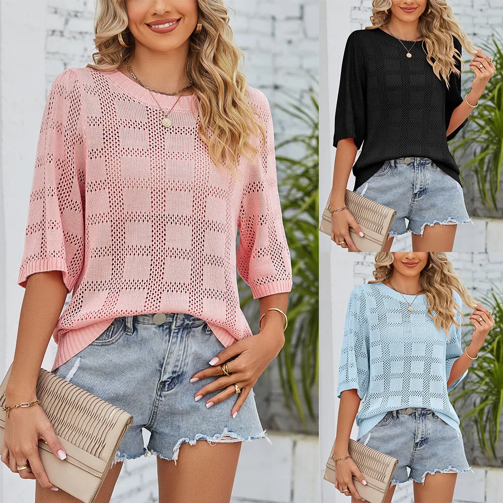 

Y2K fashion summer new short-sleeved crew neck blouse hollow-knit casual and comfortable short-sleeved top
