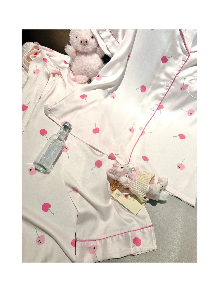 Japanese Sweet Ins Satin Ice Silk Short Sleeve Pajamas Spring Summer Cute Girl Homewear Set 2025 New Wearable Outside