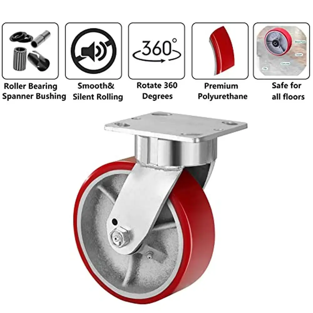 헤비 듀티 폴리우레탄 캐스터 휠, 킹핀리스 산업용 캐스터, 플랫폼 트럭 U-보트, 4 개 세트, 8800 Lb 용량, 6 인치 x 2 인치