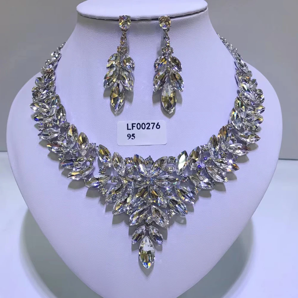 

Rhinestone Wedding Jewelry Sets Crystal Statement Necklace Earrings Sets Dubai African Indian Jewellery Set