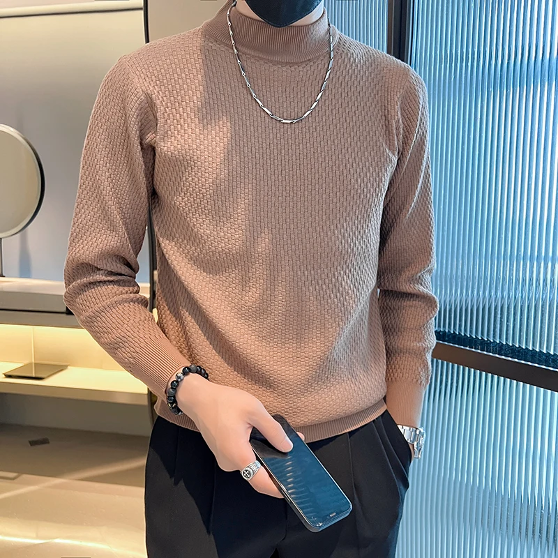 

New 2024 Men's Autumn Winter Fashion Mock Collar Sweater Tops Men Warm Knitted Pullovers Male Solid Color Casual Jumpers I753