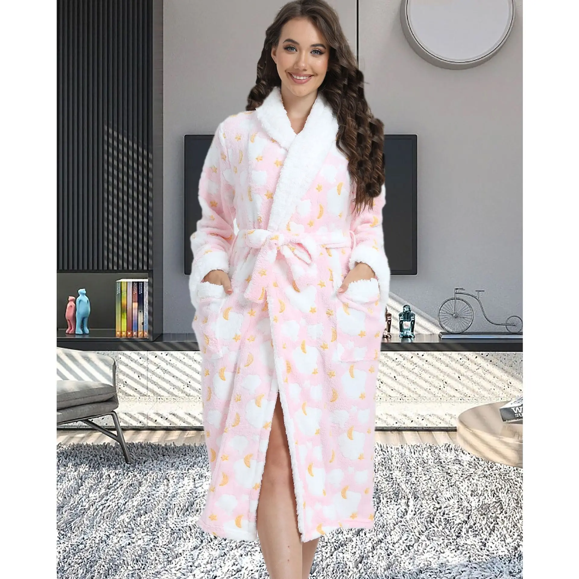 Thick Pajamas Women Winter Warm Shawl Collar Flannel Robes Plush Long Sleeve Robes Soft Warm Spa Bathrobes Loungewear Home Wear