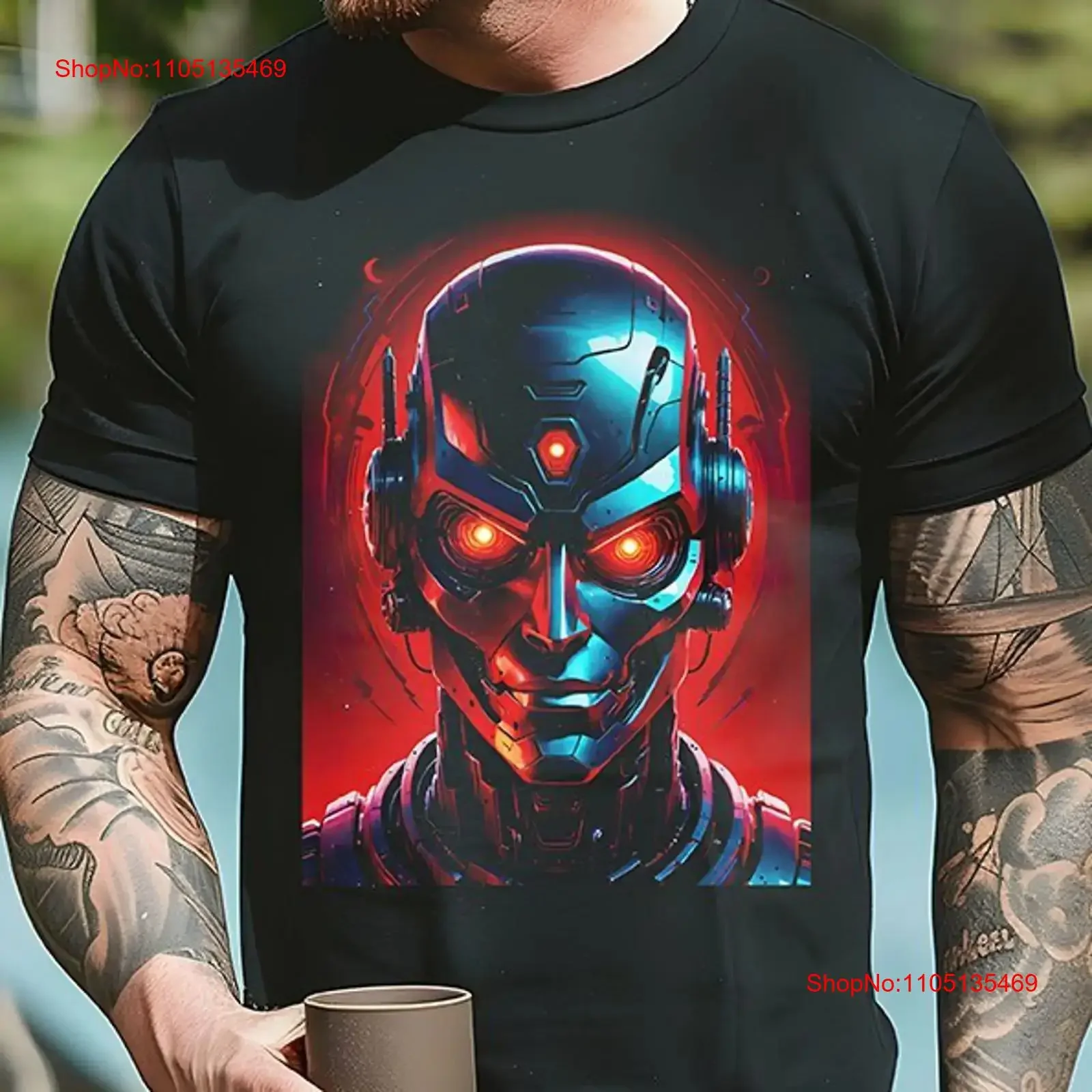 تي شيرت روبوت عيون ليزر حمراء فكرة علوية لمروحة الخيال العلمي كول مستقبلية عتيقة مغسولة للجنسين ملابس أنيقة متعددة الاستخدامات #1