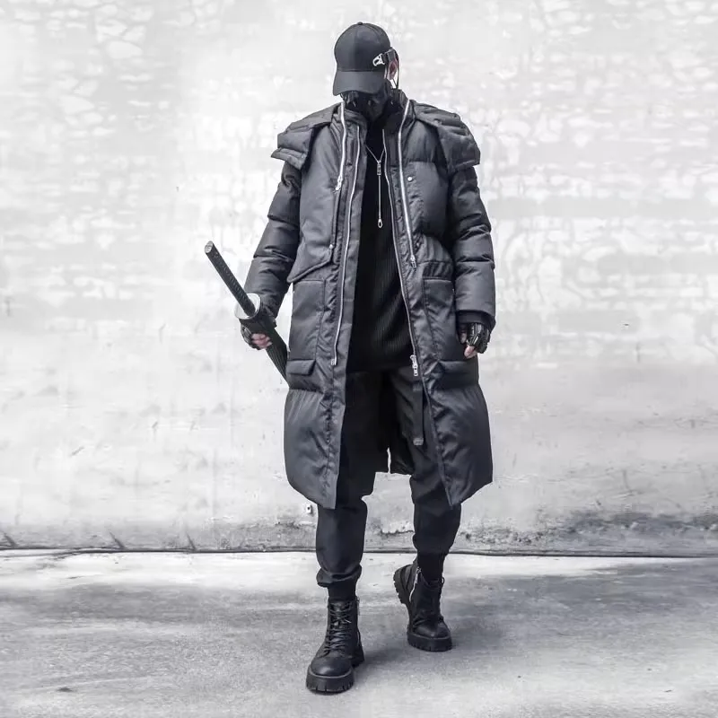 2023 Winter Black Parkas Thick Jacket Windbreaker Men Hooded Long Padded Coats Streetwear Mens Hip Hop Warm Overcoat