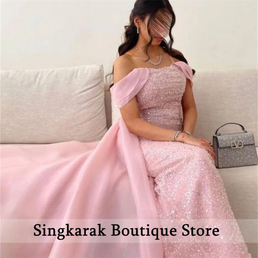 Pink Sequins Evening Dress Off The Shoulder With Bow Bridal Formal Long Prom Party Gown Trend Pageant Dress  Customized