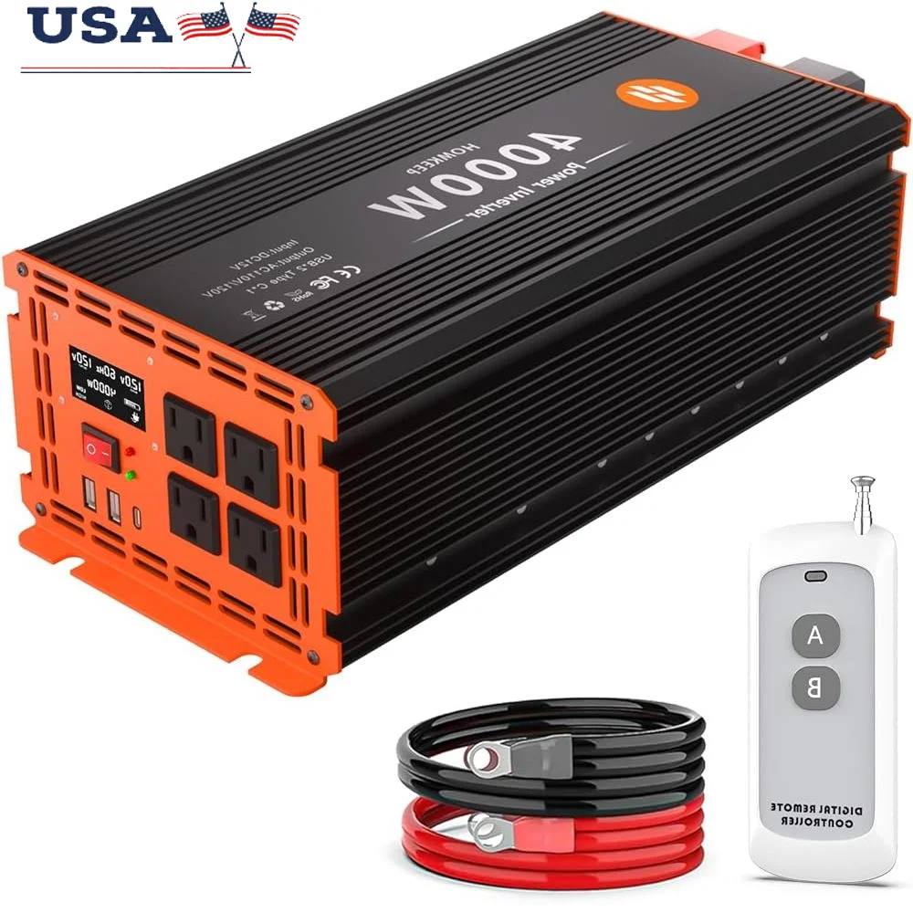 4000 Watt Power Inverter 12V DC to 110V/120V AC Converter Peak Power 8000W Car Inverter with LCD Display 4 AC Outlets 2 USB &