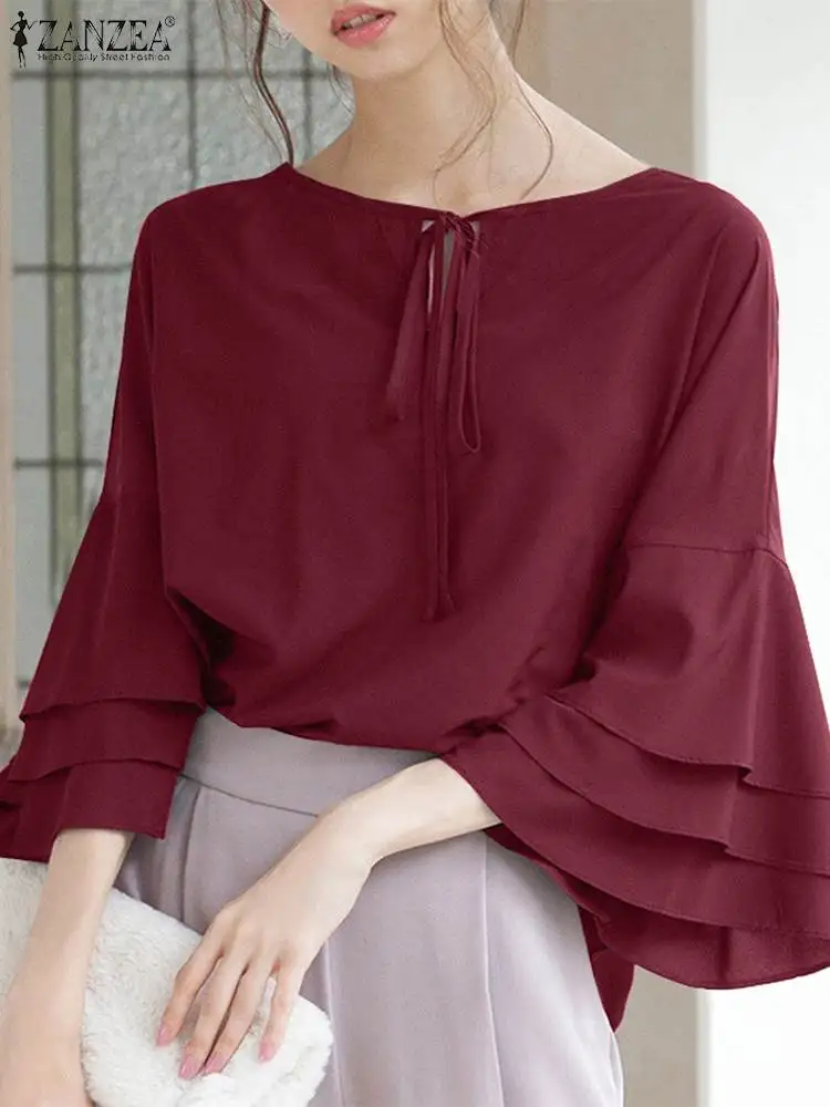 

ZANZEA Summer Lace-up Neck Tops Women Flare Sleeve Blouse Vintage 2024 Casual Solid Loose Tunics Elegant Office Female Blusas