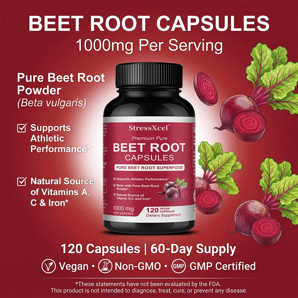 Beetroot capsules 1000mg support daily blood circulation, cardiovascular health, physical fitness, and immune balance