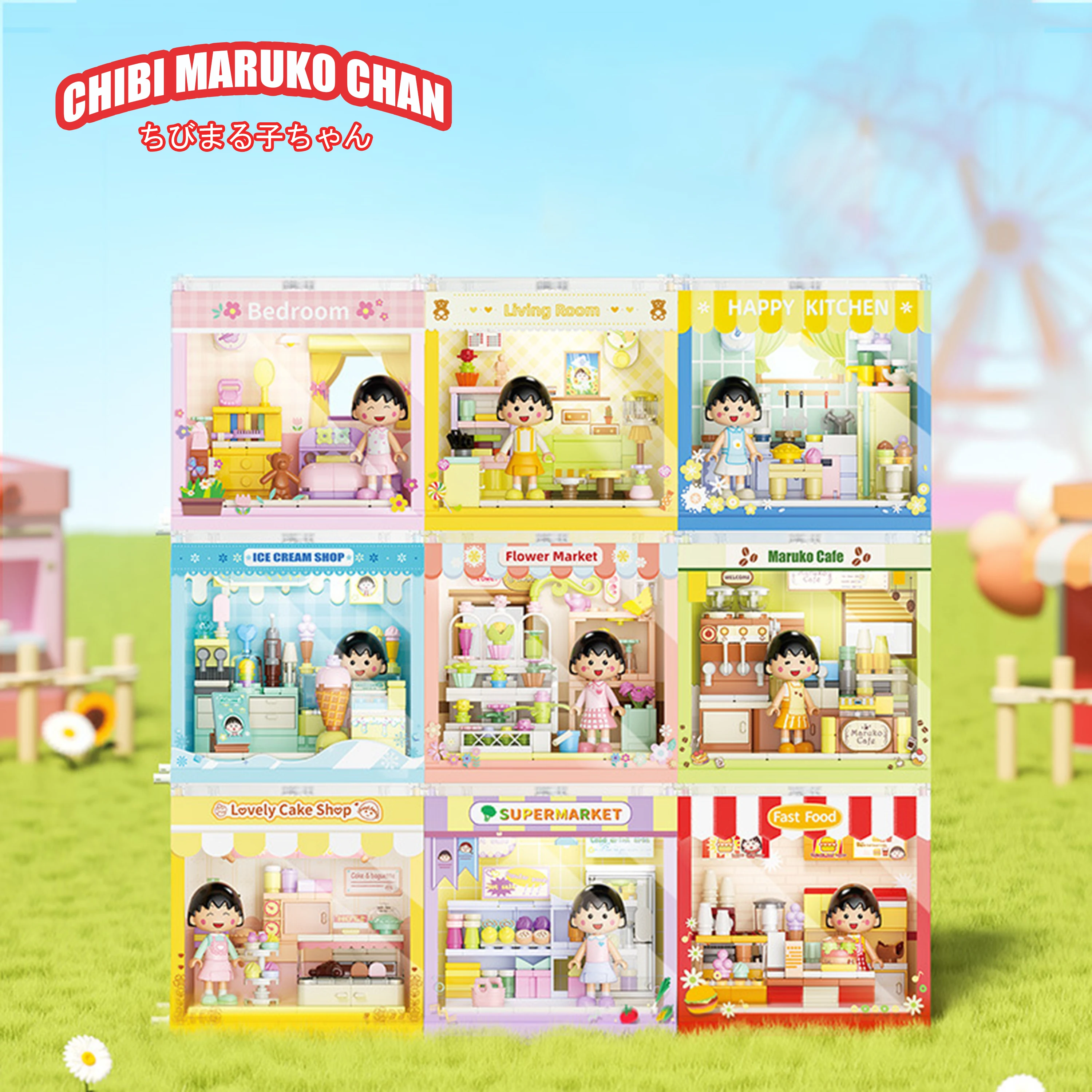 

Chibi Maruko Chan HK929 Maruko Market Blind Box Street View Building Blocks Set Assembly Toy Gift for Girls