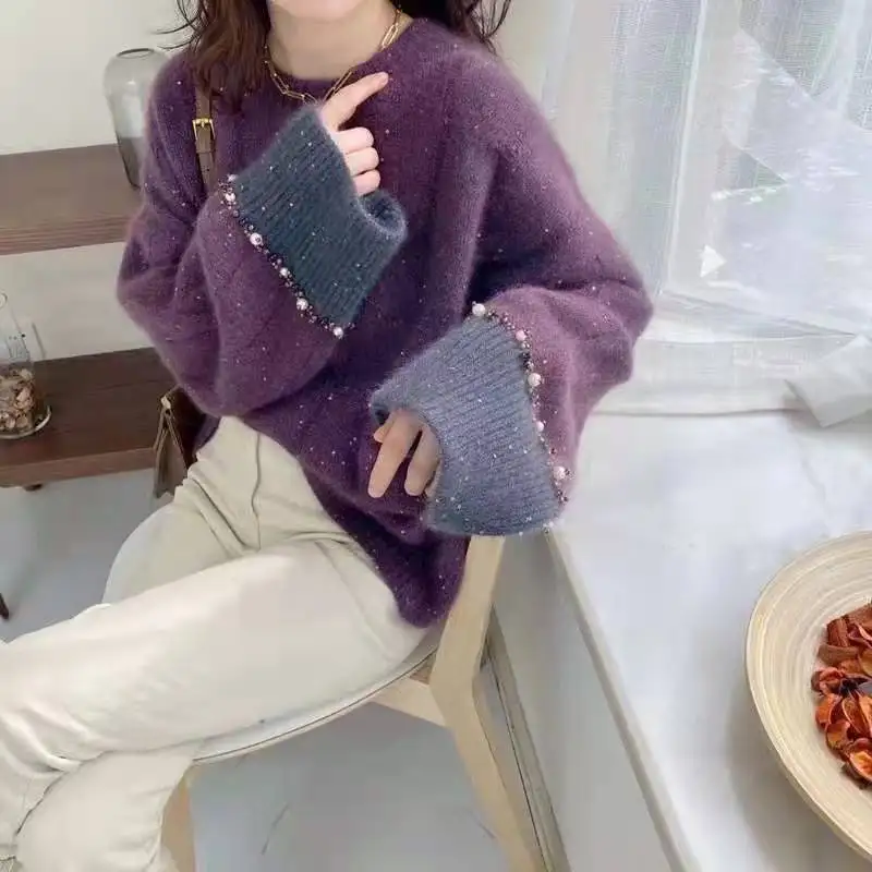 Chic Sequin Beading Sweater Women 2024 Autumn Winter New O-Neck Long Sleeves Warm Knitted Pullover Gentle Elegant Female Tops