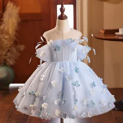 Backless Girls Princess Wedding Flower Girl Petal Feather Pearl Gown Off shoulder blue Kids Dresses baby Birthday Party Dress