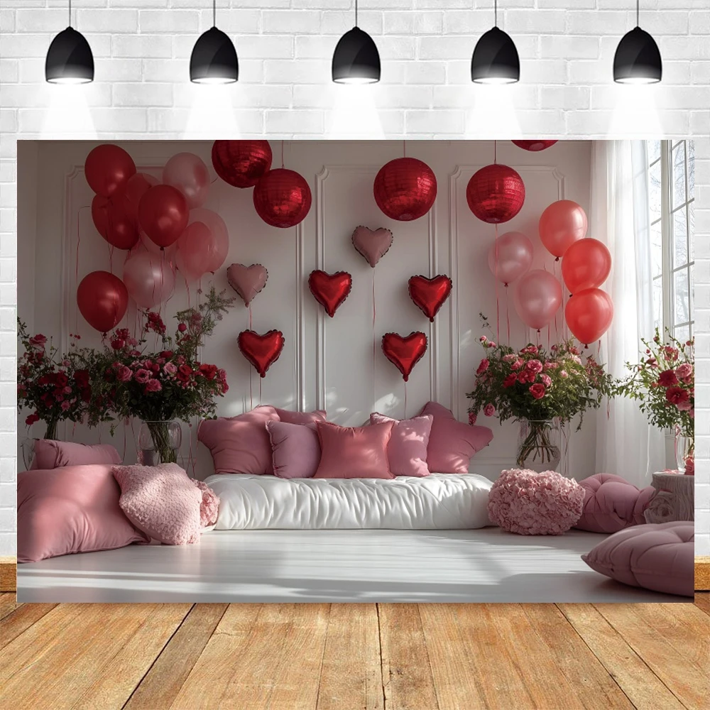 Valentine's Day Living Room Scene Backdrop Love Heart Balloons Rose Flowers Sofa Vintage Wall Couple Wedding Photo Background