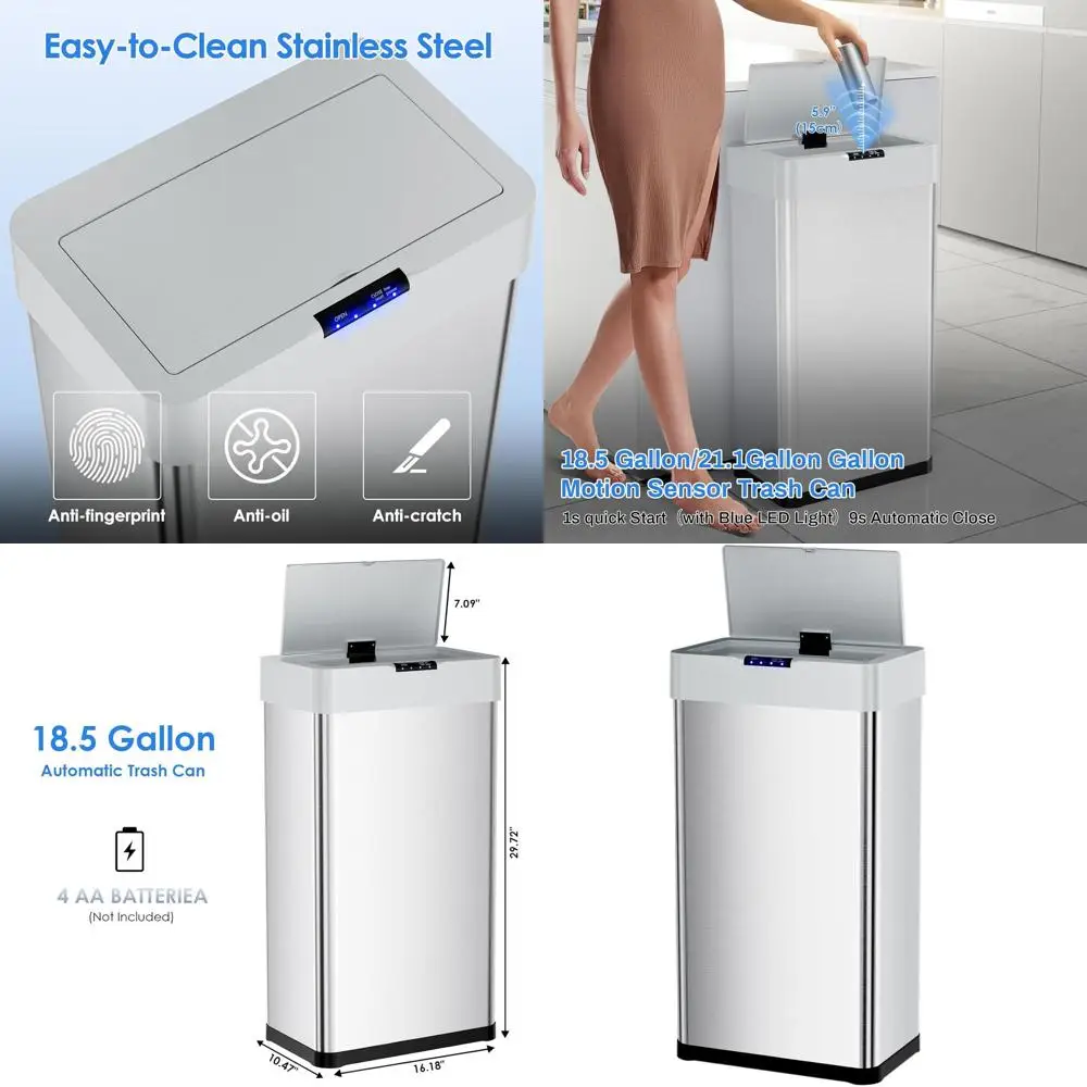 

Automatic Touchless Trash Can with Auto-Close Lid, Bag Holder, and Light, 18.5 Gal Silver for Kitchen and Living Room