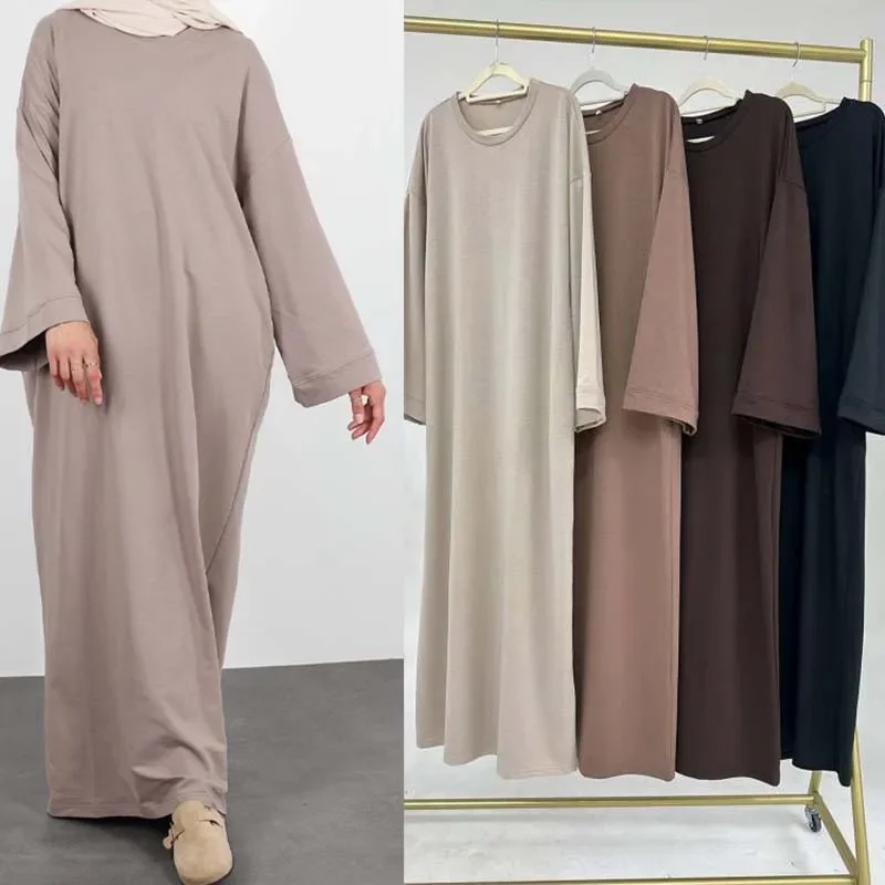 2024 New Modest Dress Solid Color Inner Dresses Muslim Women Dubai Abaya Eid Ramadan Islam Clothing Turkey Arabic Robe