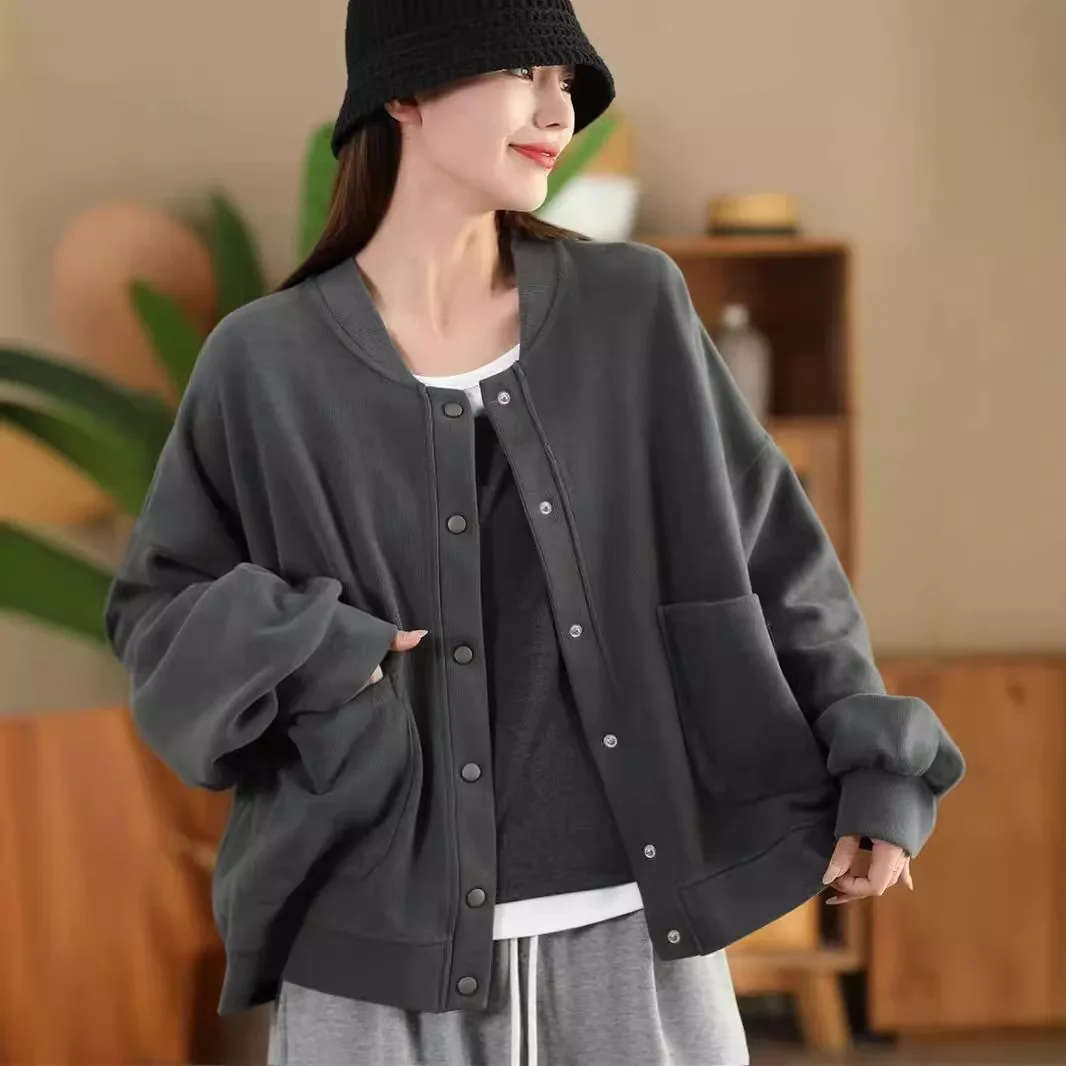 

Женская осенне-зимняя высококачественная вязаная хлопковая куртка с накладным карманом и воротником-стойкой, корейская версия, однотонная бейсбольная куртка