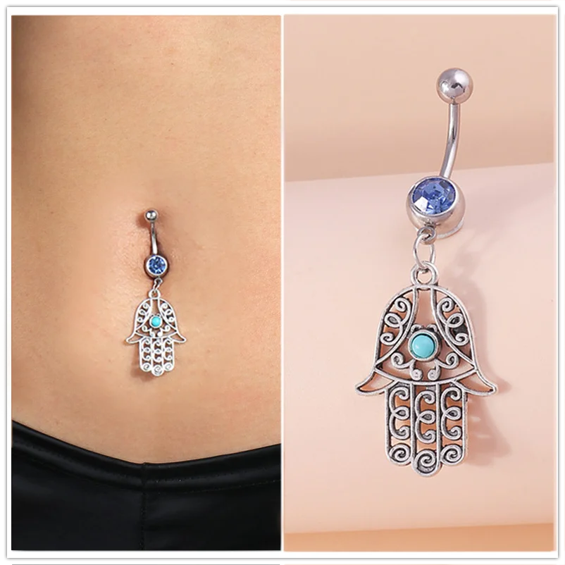 Aihua Böhmen Hamsa Hand baumeln Nabel Ring Chirurgenstahl türkische glückliche blaue Augen Bauchnabel Ring Piercing Ombligo Körperschmuck – Detail 14