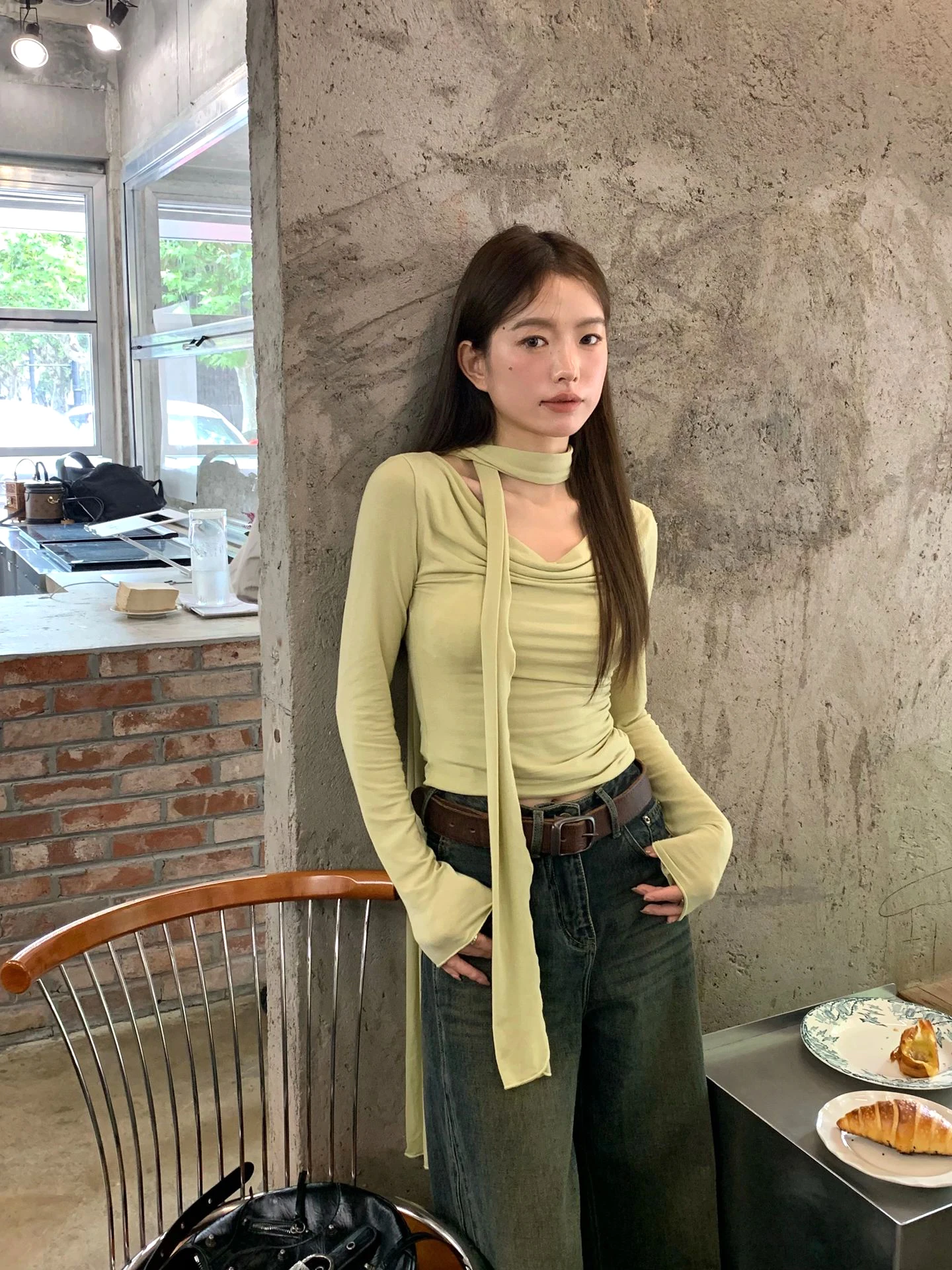 

Korean style Draped Neck Halter T-Shirt - Women's Bright Green Long Sleeve Slim Top