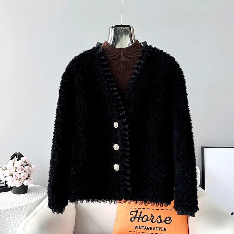 

Women's Sheep Shearling Coat 2023 Fall and Winter New Lamb Wool Lace Jacket Female Short Warm Overcoat JT3487