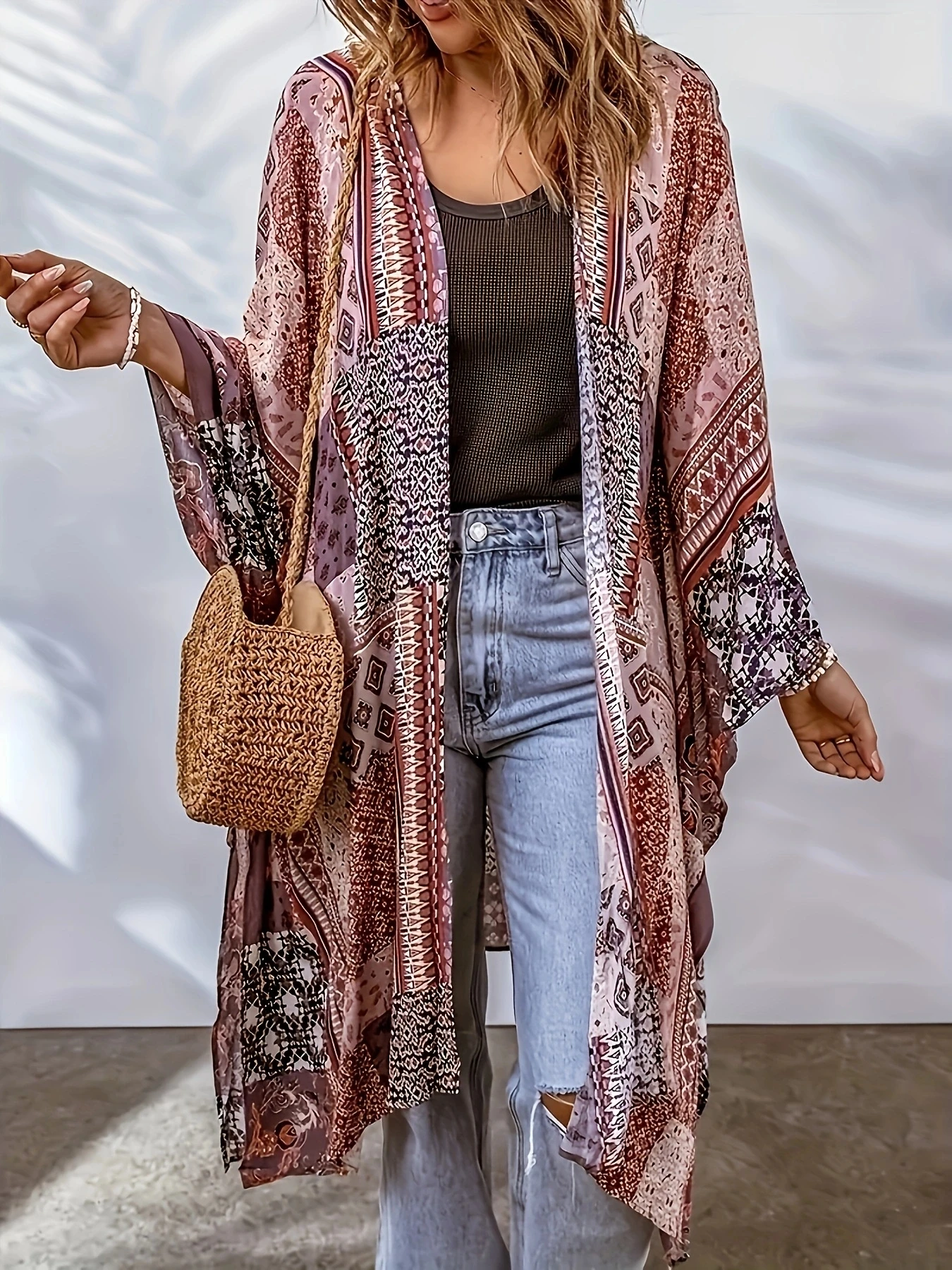 Bohemian style cardigan Aztec printed bat sleeve front open lid women\'s loose long top