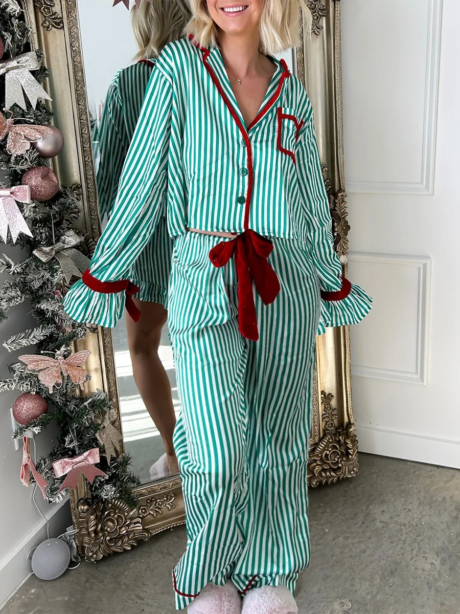 Striped Bow Tie Pajamas Sets for Women Long Sleeve Shirt and Pants Satin Silk Funny Graphic 2 Piece Pjs Set Sleepwear Jammies