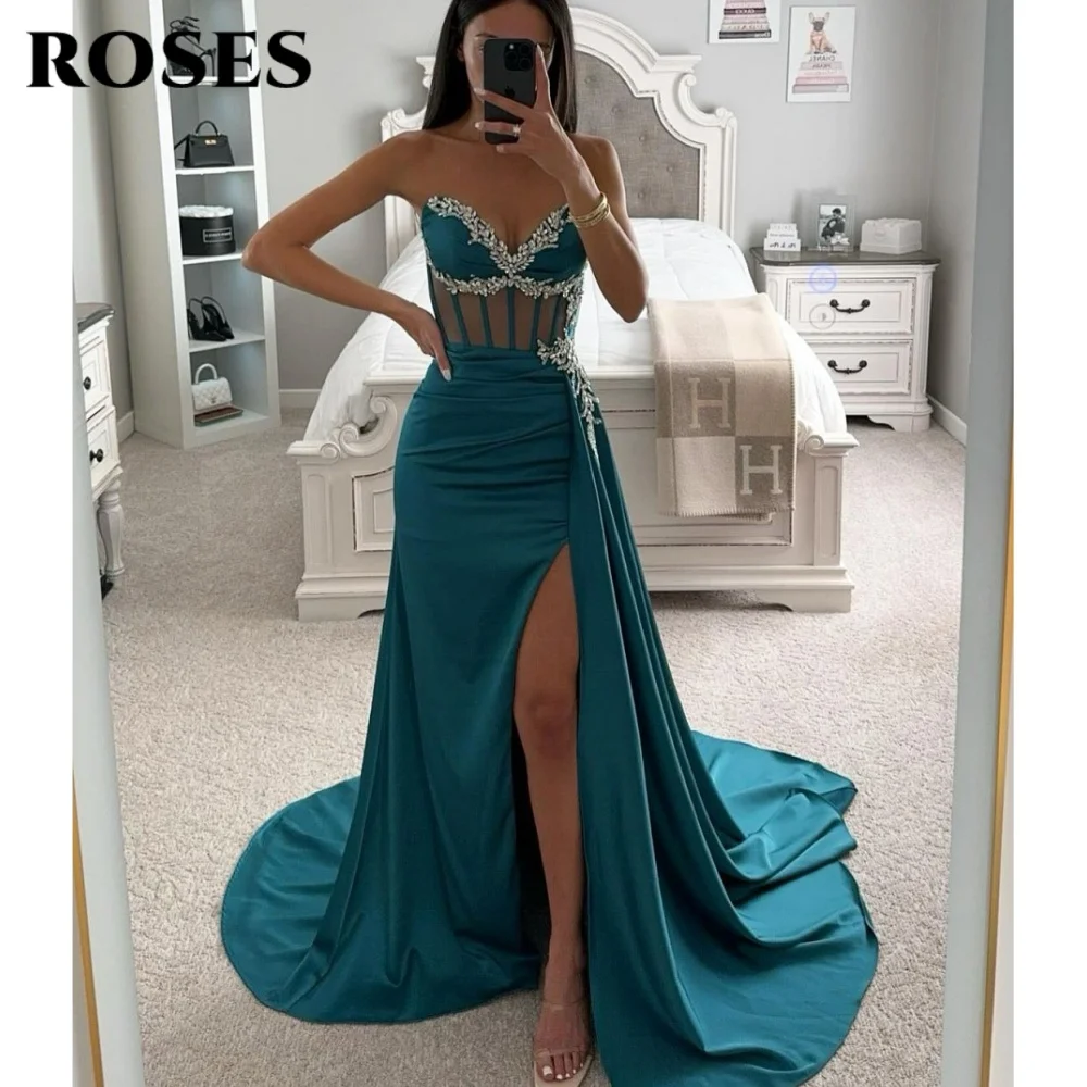 

ROSES Sexy Modern Style Prom Dress V-Neck Hollow Formal Gown with Fishbone Satin Beadwork Side Split Prom Gown 프롬 드레스 Customized