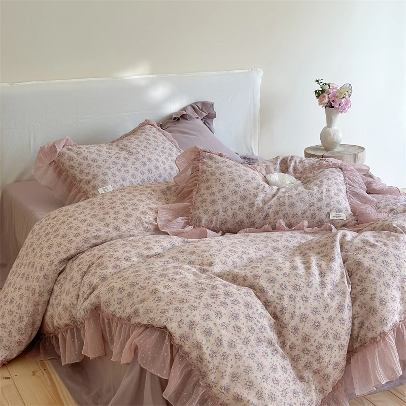 Vintage French Floral Lace Ruffles Bedding Set 100% Cotton Double Layer Yarn Duvet Cover Flat/Fitted Bed Sheet Pillowcases 4Pcs