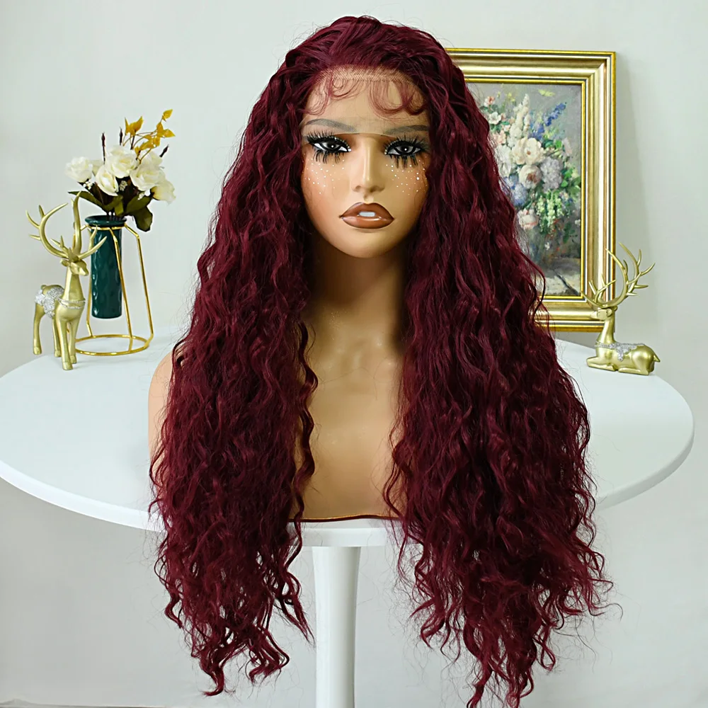 Винно-красный синтетический парик спереди для женщин Бордовый длинный волнистый бесклеевой парик Натуральная линия волос Термостойкое волокно Парик шнурка волос