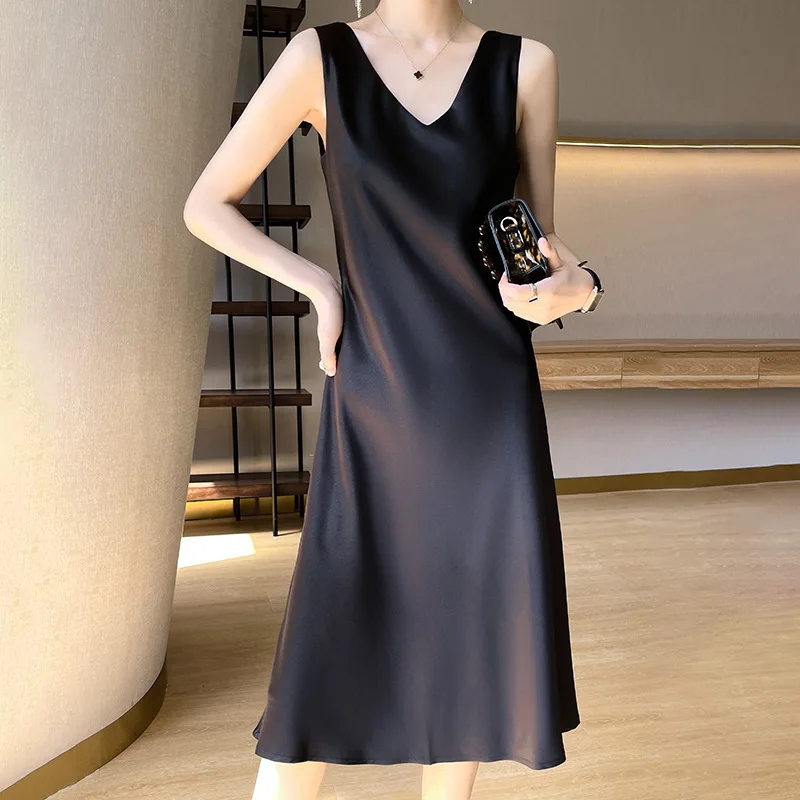 

Acetate Satin Slip Dress Women Summer Sleeveless Layering Slim Fit A Line Black Long Maxi Dress Elegant Flowy Comfortable