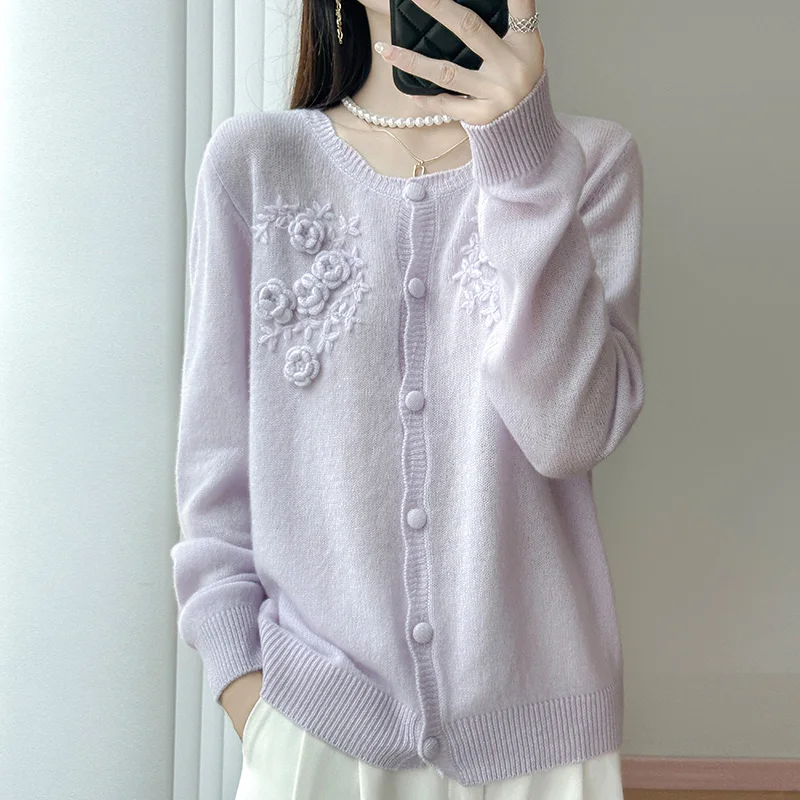 Cardigan in pura lana 100% all'uncinetto tridimensionale autunno e inverno Maglione girocollo da donna Top in maglia calda