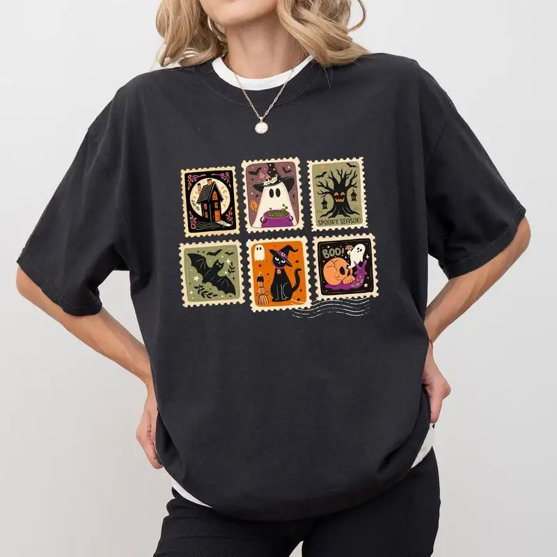 

"Halloween Stamp T Shirt Women Men Retro Spooky Ghost Pumpkin Cat Bat Graphic Tee Holiday Party Casual Streetwear Top"