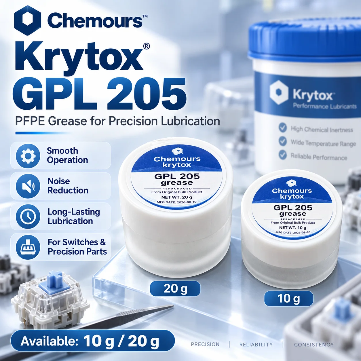 Krytox GPL105 Olie & GPL205 Vet Toetsenbordschakelaar Smeermiddel PFPE Smeermiddel voor Mechanische Toetsenbord Schakelaar Stabilisator 10g 20g