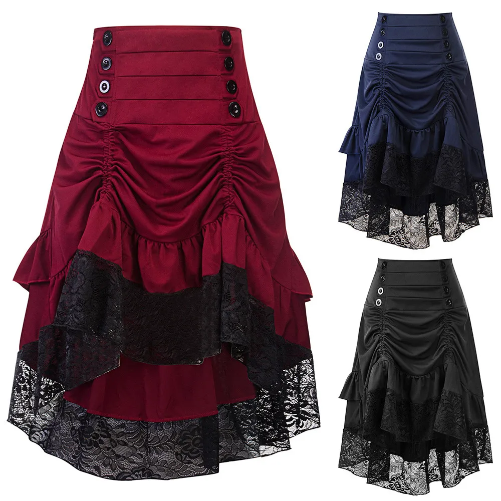 

Women's Elegant Solid Skirt Gothic Vintage Lace Patchwork Half Skirt High Waisted Double Breasted Drawstring Irregular Hem Skirt