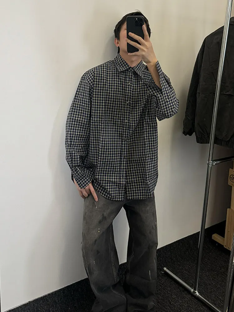 Men's Plaid Shirt Long Sleeve Vintage American Style Checkered Loose Fit Commute Coat Casual Fashion Autumn Wear Button up